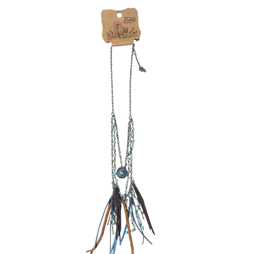 Justin Turquoise Tone Beaded Layered Necklace Feather Leather Tassels Western - Picture 3 of 8